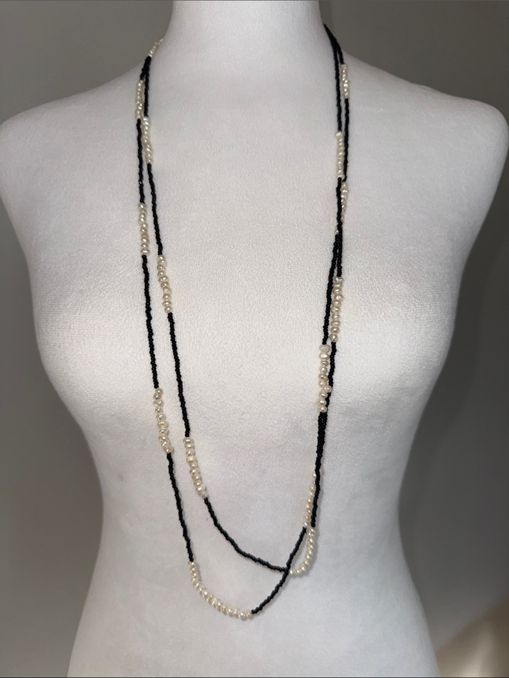 White House Black Market Black and Pearl Long Layered Bead Necklace
